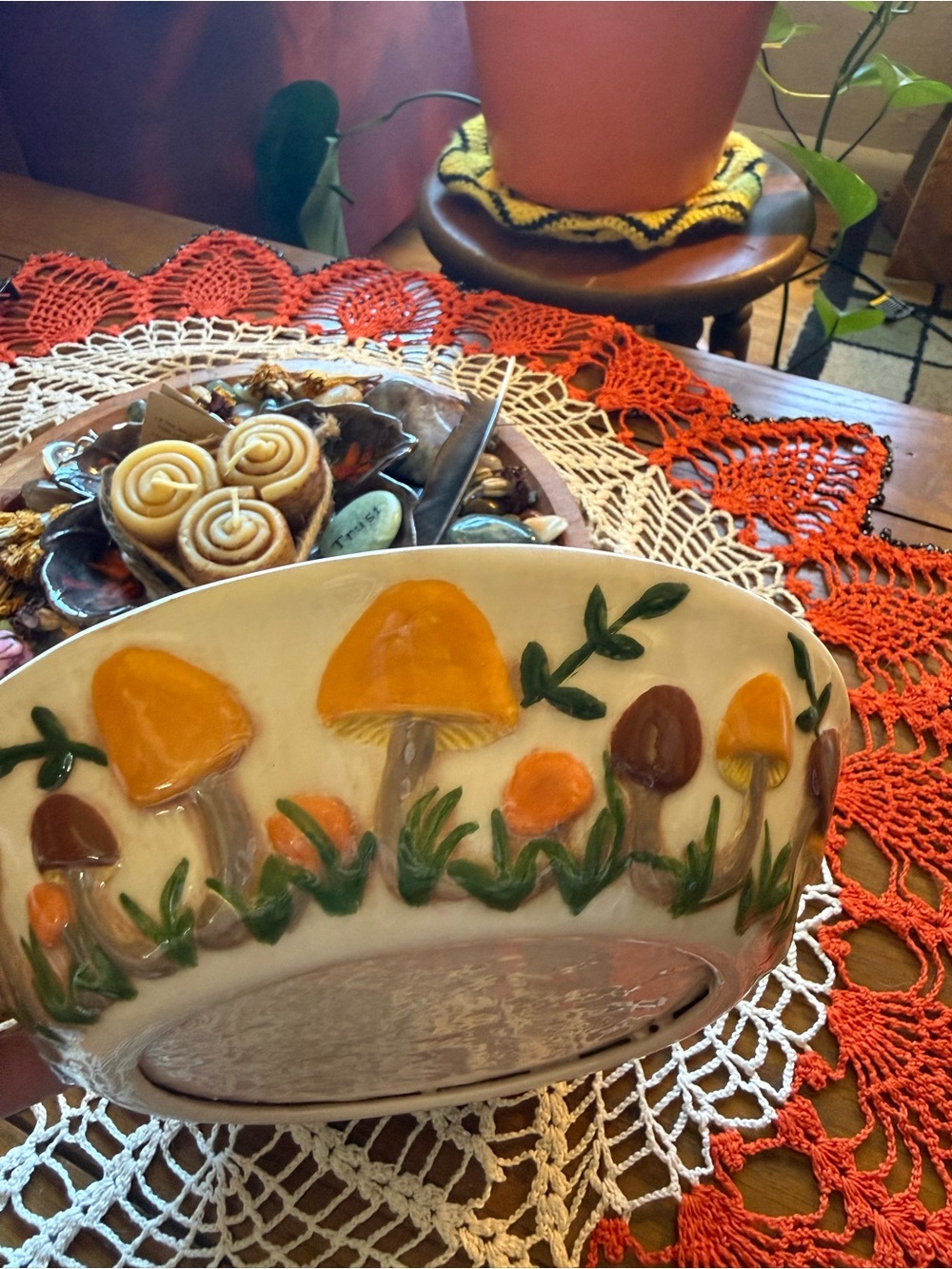 Vintage 1970s Mushroom Pottery Bowl 9” Raised Hand Painted Decor